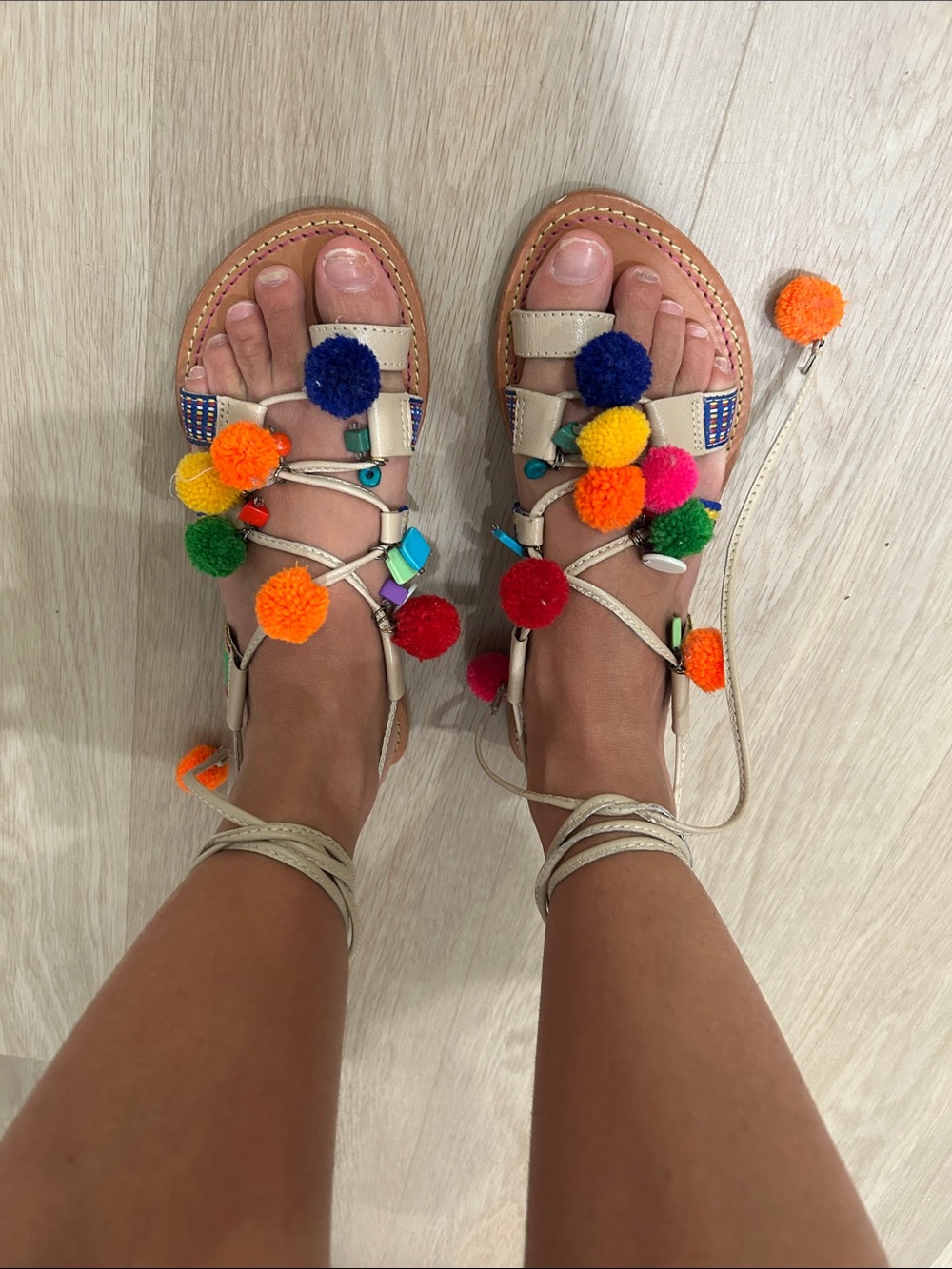 Steve Madden Beige Pom-Pom Embellished Gladiator Sandals - Picture 3 of 4